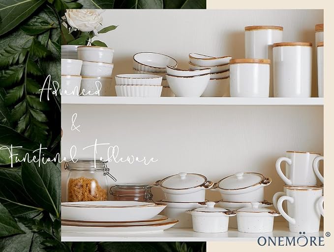 ONEMORE Mini Cocotte Set of 4, 12 oz Ceramic Ramekins with Lids and Handles, Small Casserole Dishes for Oven, Mini Dutch Oven for Soup, Souffle, Pot Pie and Baking, Microwave & Dishwasher Safe, Creamy White
