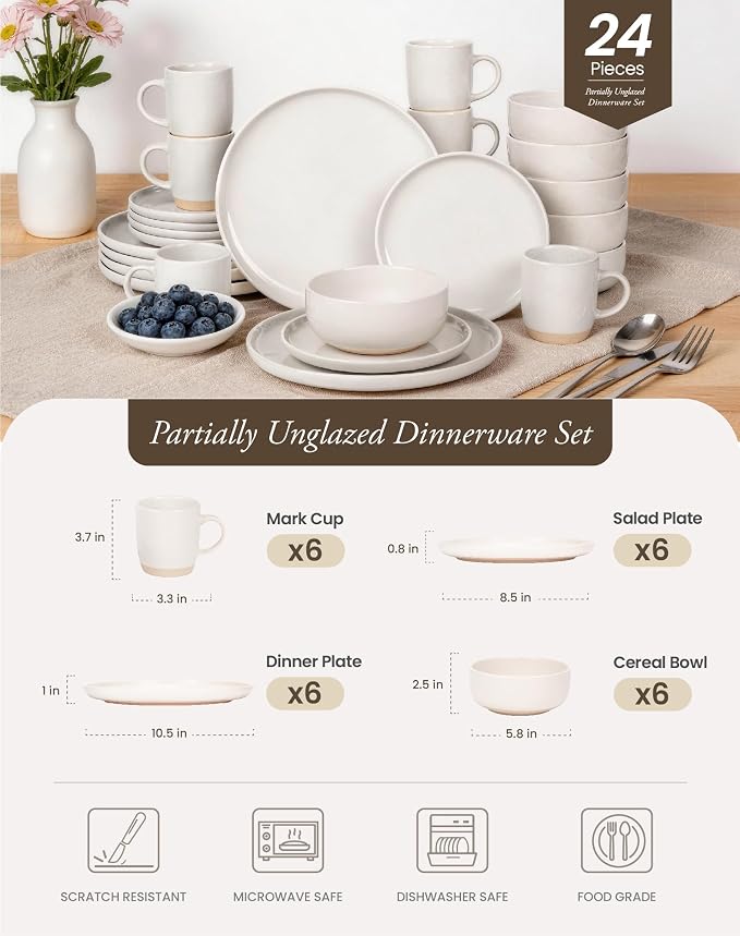 OTAGO 24-Piece White Stoneware Dinnerware Set for 6 with Mugs, Plates and Bowls Sets with Partially Unglazed Base, Scratch Resistant Ceramic Dish Set, Microwave & Dishwasher Safe for Kitchen