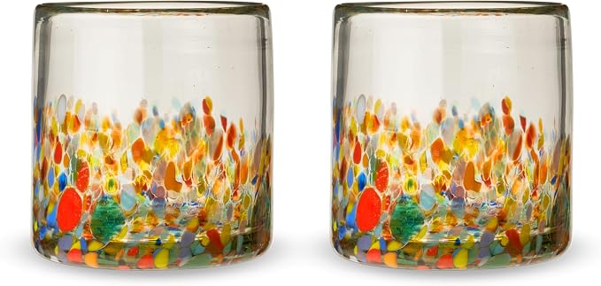 Twine Segunda Vida Artistico 100% Recycled Glassware Tumblers, Hand Blown Cocktail Glasses for Dinner Party, Icon Glasses Gifts, Stemless Margarita Mexican Glassware, Set of 2, 13 oz, Multicolor
