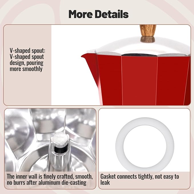 12 Cup Aluminum Moka Pot Classic Stovetop Espresso Coffee Maker 600ml 20oz Coffeemaker Percolator Mocha Pot Greca Coffee Maker Cafe Makers for Italian and Cuban Café Brewing Red
