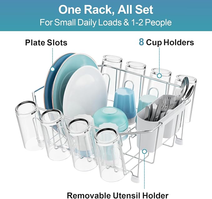 GSlife Small in Sink Dish Drying Rack - Stainless Steel Compact Dish Drainer for RV Kitchen Apartment Sink, Rust Resistant Inside Sink Rack, 1–2 Person Households, 11.6" W x 13.4" L, Silver