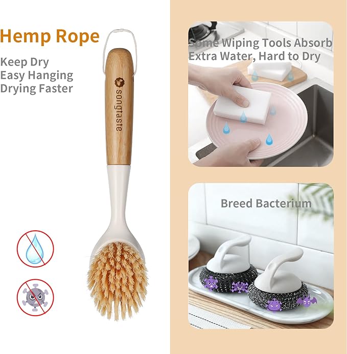 Kitchen Accessories Set, 2 Pack Bamboo Handle Kitchen Dish Brush, Dish Scrubber Built-in Scraper, & Bamboo Cookbook Stand, Wedding Recipe Book Holder
