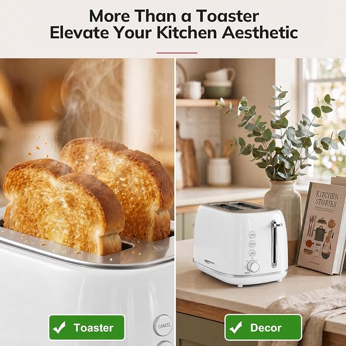 Keenstone Toaster 2 Slice, Retro Wide Slot Stainless Steel Toaster with 6 Browning Levels, Reheat & Defrost, for Bagel, Toast, Bread, Kitchen Essentials, Removable Crumb Tray, White