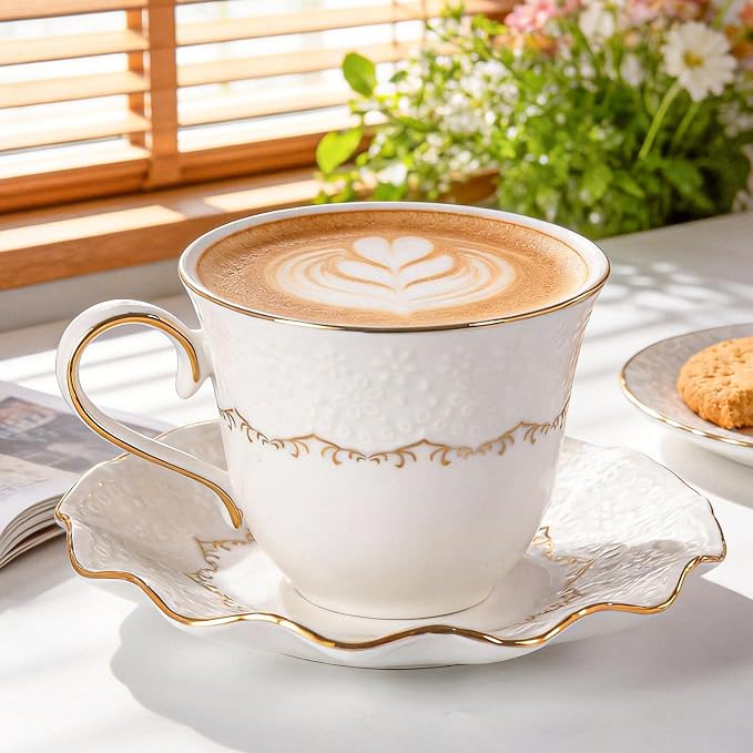 KAMMAK Tea Cups and Saucers Set of 2, 6.4oz Porcelain Coffee Cups with Saucers, Ceramic Espresso Mugs for Coffee, Latte, Americano, Tea, Elegant Teacup and Saucer (YFH11)