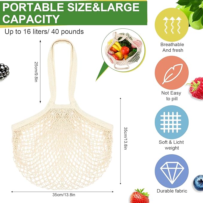 Paterr 4 Pack Cotton Mesh Produce Bags Bulk Reusable Market Bag Washable Net Grocery Purse String Shopping Tote Beach Organizer for Vegetable Fruit Picnic Food Storage (Long Handle,Beige)