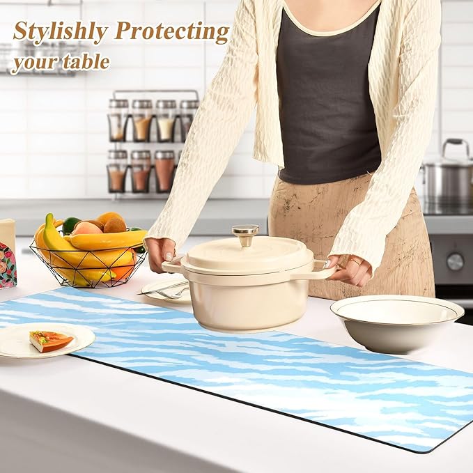 2 in 1 Table Runner Trivet for Hot Pots and Pans Heat Resistant Non Slip Waterproof 39 x 12 Inch Decorative Table Protector for Kitchen Countertop Tigers Pattern Skin Light Blue