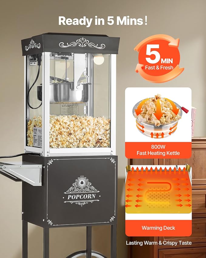 VEVOR Popcorn Machine with Cart, 8oz Stainless Steel Kettle, 800W Commercial Popcorn Maker, 48 Cups per Batch Theater Style Popper, with 2-Button Control Glass Wall PC Door 1 Scoop 3 Spoons, Black