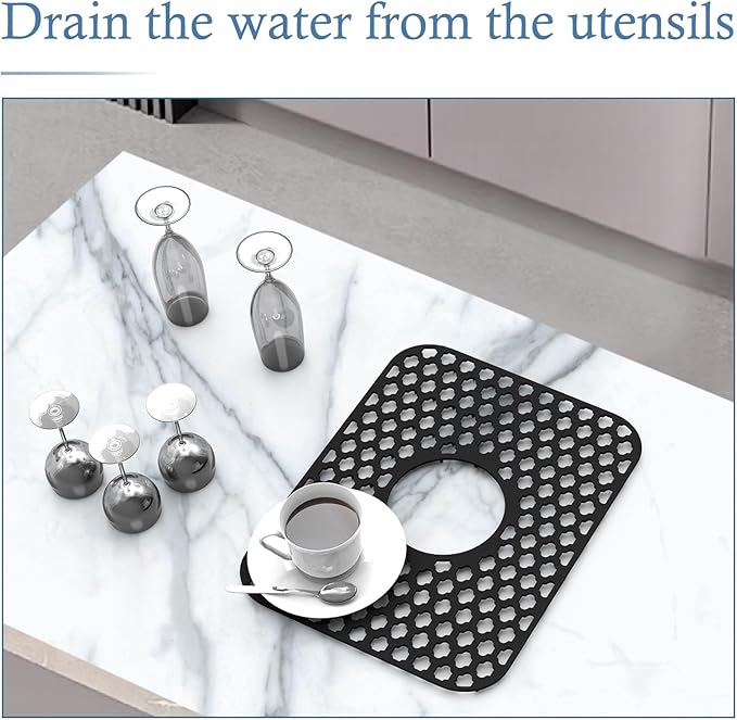 Silicone Sink Protector for Kitchen Bathroom Sink, 2 Pack 13.58"x 11.6" Heat-resistant Mat, Non-Slip and Durable Silicone Protectors, Center Drain (Black)