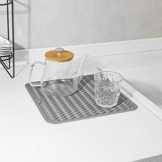 MicoYang Silicone Dish Drying Mat for Multiple Usage,Easy clean,Eco-friendly,Heat-resistant Silicone Mat for Kitchen Counter or Sink,Refrigerator or Drawer liner Grey M 12 inches x 12 inches
