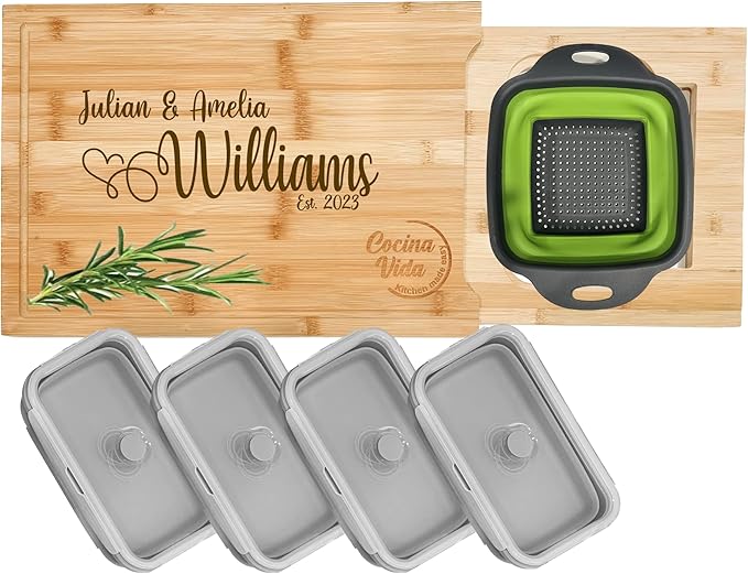 Cocina Vida Customizable Bamboo Cutting Board with 4 Collapsible Containers and Strainer - All-In-One Personalized Cutting Board with Slide-Out/Expander - Kitchen Must Have