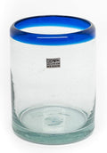 Set of 6 Hand-Blown Tumbler (10 oz) Glasses from Mexico with Cobalt Blue Rim - Rustic & Handcrafted Recycled Bubble Glass Drinking Glassware