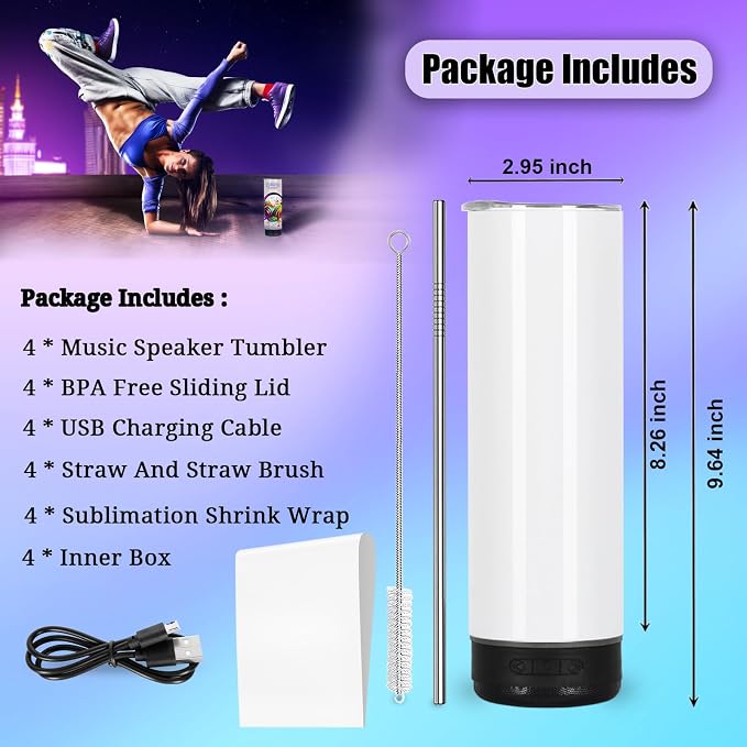 4 Pack 20 Oz Music Speaker Tumbler, Sublimation Music Tumbler Blanks, Double Wall Vacuum Insulated Coffee Mug with Detachable LED Light, Speaker Cup (Black)