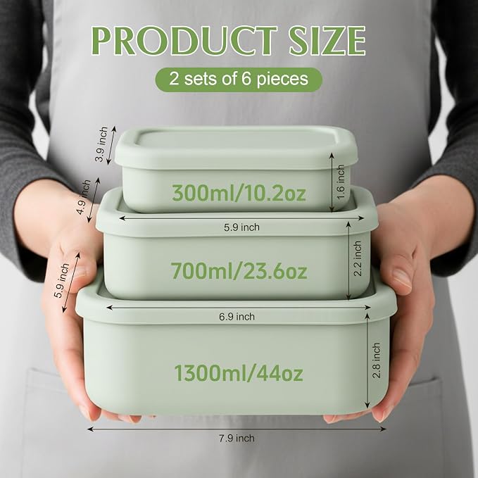 Blushtier 2 Sets of 6 Silicone Food Storage Containers, Reusable Lunch Bento Box with Lid, Hard Shell Storage Containers, Microwave Dishwasher Freezer Safe, 10 oz, 23.6 oz, 44 Ounce(Sage Green)