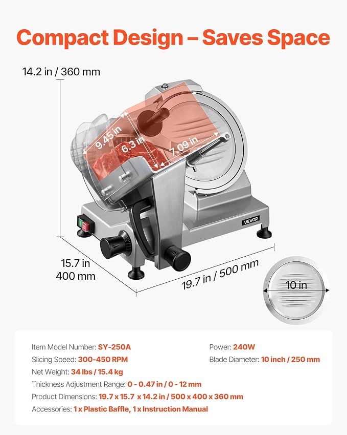 VEVOR Commercial Meat Slicer, 10 inch Electric Food Slicer, 240W Frozen Meat Deli Slicer, Premium Chromium-plated Steel Blade Semi-Auto Meat Slicer For Commercial and Home use | Commercial and Home Use, Premium Chromium-plated Steel Blade Semi-Auto Mac...