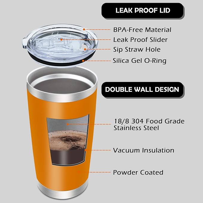 AIANJI 20oz Tumbler Bulk Stainless Steel Tumblers with Lid Vacuum Insulated Double Wall Travel Coffee Mug Powder Coated Tumbler Cup for Hot and Cold Drinks(Orange, 12 pack)