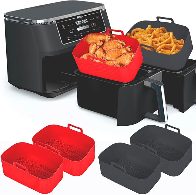 Silicone Air Fryer Liners for Ninja - Reusable 8 Qt Bowl for Foodi DZ201 Dual Basket Airfryer - Rectangular 2-pack 2025 Upgraded Food Safe Silicone Baking Tray Red (RED & BLACK)