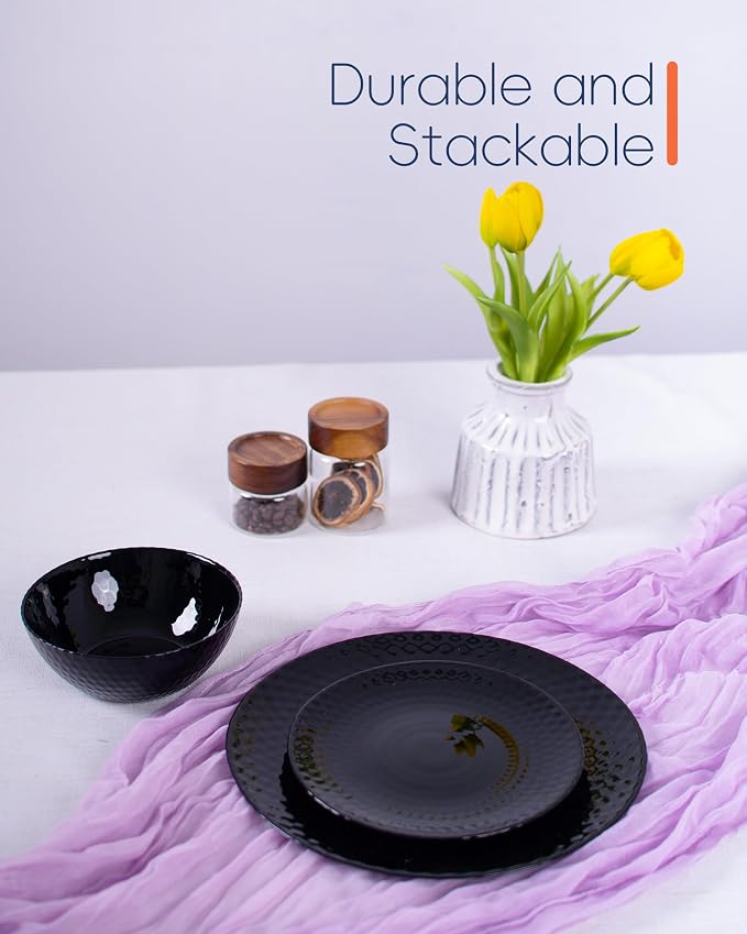 LaGlint Dinnerware Sets for 6, Light & Durable 18 Pieces Opal Glass Plates and Bowls Set, Dishwasher and Microwave Safe Ribbed Dish Dinning Ware, Thin but Strong Geometric Faceted Black
