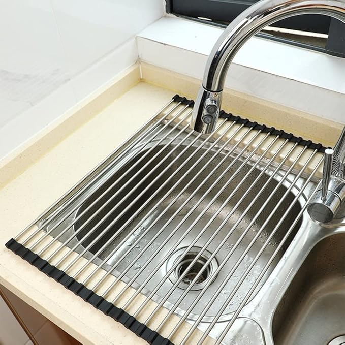 Foldable Silicone Over-the-Sink Dish Drying Rack Roll-Up Drainer Chopstick and Dishes Drain Stainless Steel Convenient
