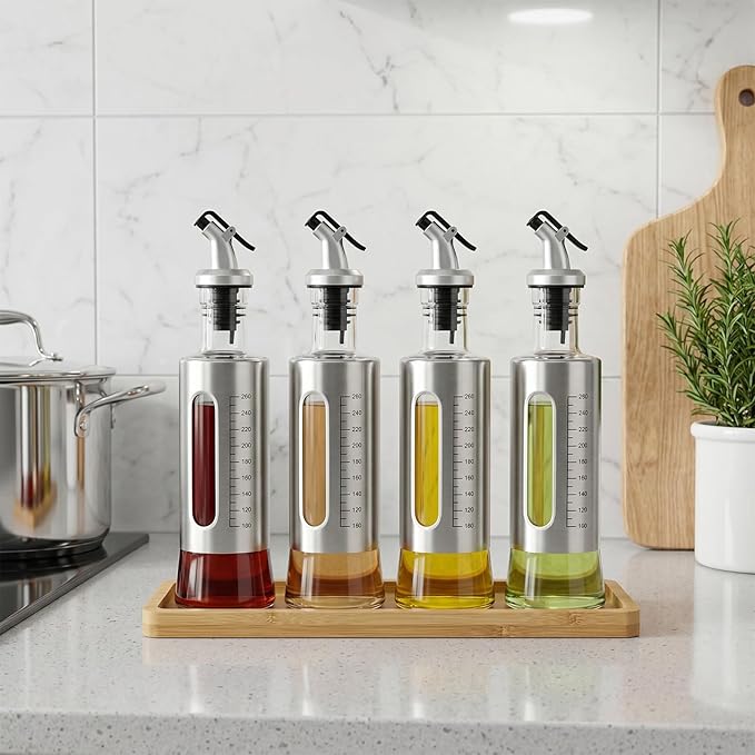 Olive Oil Dispenser for Kitchen, 4 Pack 10oz/300 ML Cooking Oil and Vinegar Dispenser Set with 20 Labels Stainless Steel Funnel, Olive Oil Bottle, Soy Sauce Dispenser, Coffee Syrup Bottles