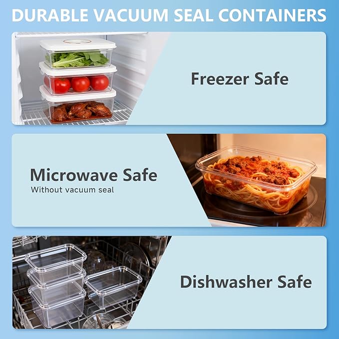 Vixino Vacuum Seal Containers, 3Pcs Reusable Food Storage Containers with Lids for Meal Prep and Freezer,BPA-Free，Microwave Safe，Leak-proof,Airtight (Vacuum Sealer Not Included)