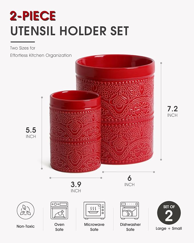 FUN ELEMENTS Kitchen Utensil Holder, 7.2+5.5" Super Large Utensil Crock Heavy and Stable Lace Emboss Ceramic Utensil Holder for Kitchen Counter (2Pcs Christmas Red)