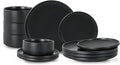 12 Piece Ceramic Plates and Bowls Sets for 4, Modern Black | Stoneware Dinnerware Set, Dishwasher & Microwave Safe, Handcrafted, Perfect for Family and Gatherings