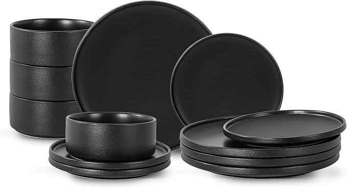 12 Piece Ceramic Plates and Bowls Sets for 4, Modern Black | Stoneware Dinnerware Set, Dishwasher & Microwave Safe, Handcrafted, Perfect for Family and Gatherings