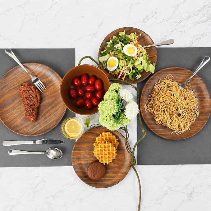 TP 18-Piece Dinnerware Set, Melamine Dishes Set with Bowls and Plates, Service for 6, Non-breakable Lightweight Dining Tableware, Rosewood Grain