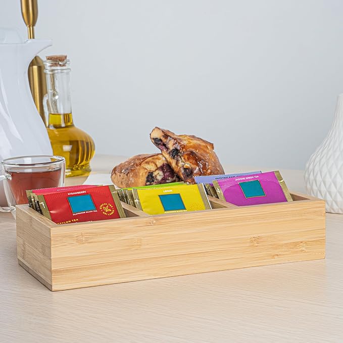 Restaurantware-9.5 x 4.25 x 2 Inch Coffee Condiment Organizer, 1 Rectangle Creamer Organizer - 3 Compartments, Break-Resistant, Bamboo Coffee Accessory Caddy, Won't Chip, For Tea And Sugar Packets