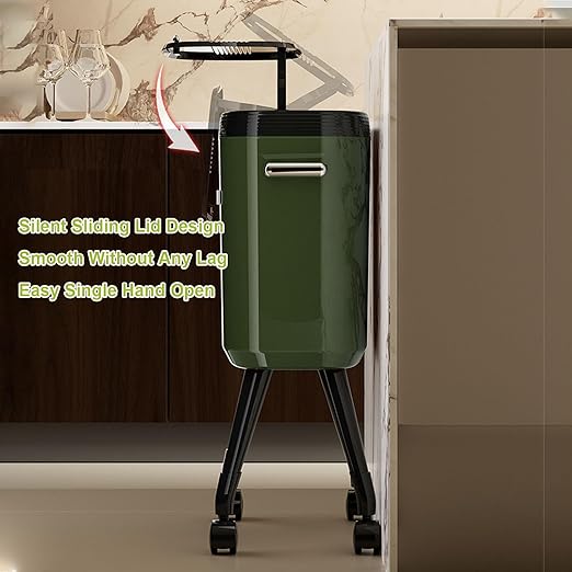 Tall Trash Can with Wheels, 15L Large Capacity Narrow Garbage Can with Elevated Legs, Trash Bin for Kitchen Bathroom Living Room Office (Green)