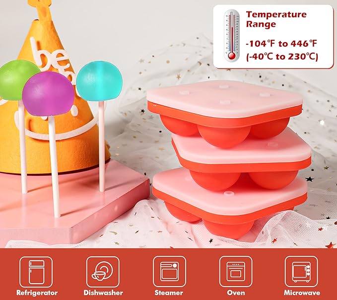 Webake Lollipop Molds Set of 3, Silicone Sphere Hard Candy Sucker Molds with 100 Paper Lollipop Sticks, Round 3D Candy Ice Chocolate Cake Pop Molds with Lids