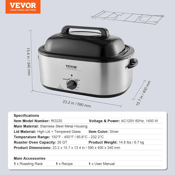 VEVOR Electric Turkey Oven, 26 QT Capacity with Auto-Basting Cover, 1450W, Features Defrost & Keep Warm Settings, Temperature Control, Includes Detachable Pan & Rack, Accommodates Up to 30LBS Turke