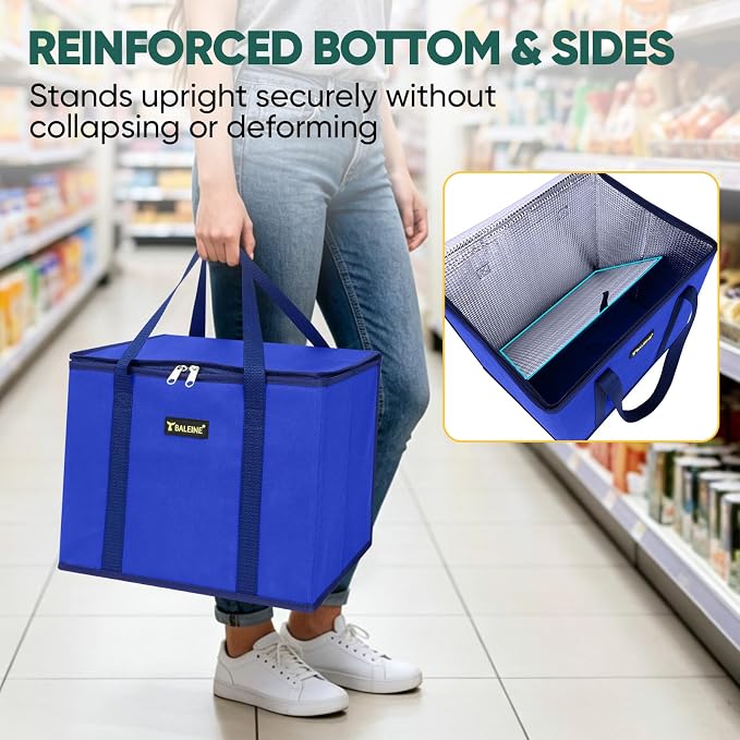 BALEINE 1Pk Insulated Reusable Grocery Bags, Foldable Shopping Bags for Groceries with Reinforced Bottom & Handles (Blue)