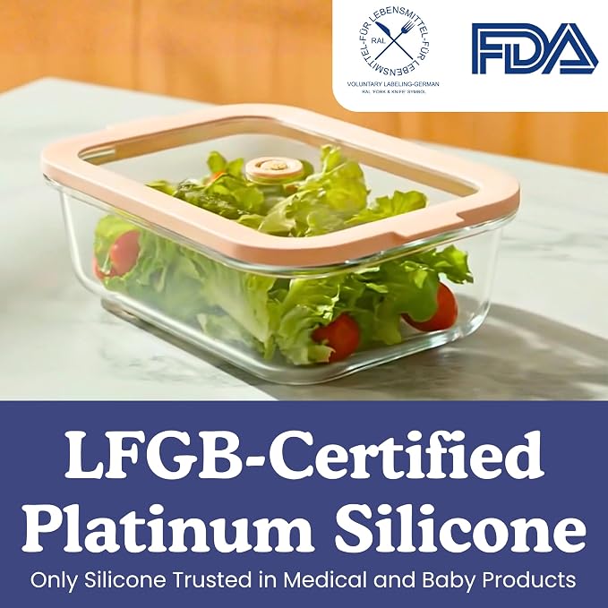 Ziruma Non-Toxic Glass Food Containers with Lids, 4-Pack, 21 oz, Beige | Plastic & BPA free. Glass body, glass lid & platinum silicone seal. Airtight & leakproof. Freezer & microwave safe