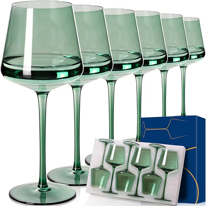 Green Wine Glasses Set of 6,18oz green Wine Glassware Gift Set for Wife & Mom-Colorful Hand Blown Glass Drinkware for Red White Wine