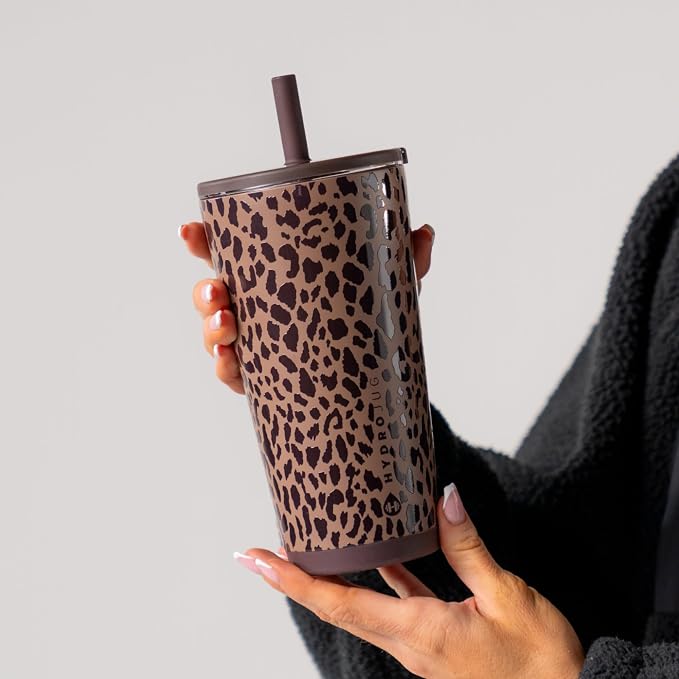 HydroJug Everyday Tumbler 20 oz, Ceramic-Lined Straw Cup, Brown Leopard