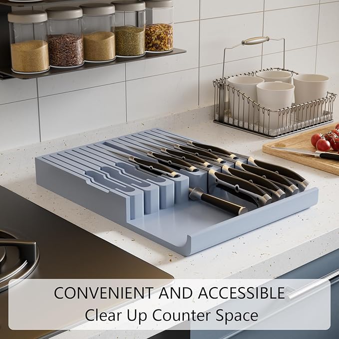 Domax Bamboo In-drawer Knife Block - Kitchen Knife Drawer Organizer Insert, Knife Holder without Knives Large, Drawer Knife Organizer Fits for 16 knives and 1 Sharpening Steel (Not Included), Gray