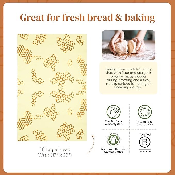 Bee's Wrap Beeswax Wraps for Bread - Beeswax Bread Wrap for Sourdough & Bread Storage - Plastic Free Made in USA Reusable Natural Food Wrap - Honeycomb