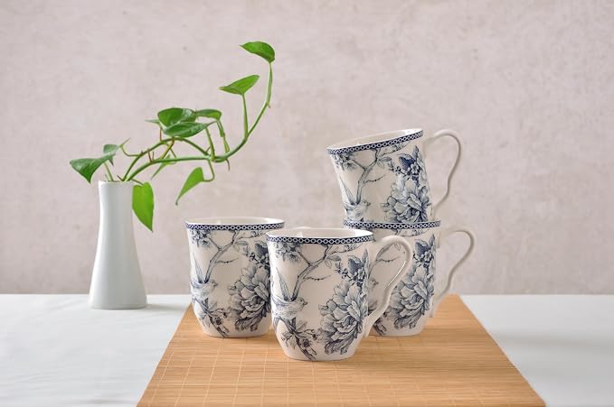 222 Fifth Adelaide Large Coffee Mugs Set of 4, 14.5 oz Porcelain Coffee Cups with Handle, Ceramic Tea Cup for Cappuccino, Latte, Cocoa, Microwave & Dishwasher Safe Decorative Gift Sets, Blue and White