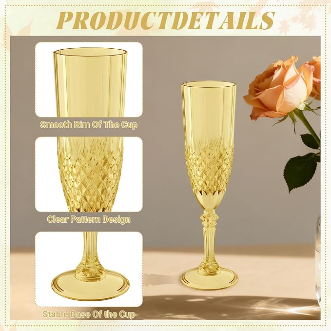 Plastic Champagne Flutes, Champagne Glasses Bulk, Reusable Unbreakable Acrylic Wine Glasses Goblets for Weddings Bachelor Parties Toasting Bridal Shower (24, Gold)