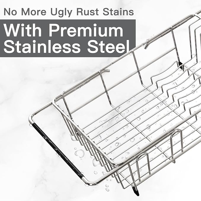 MAJALiS Dish Drying Rack Over The Sink with Adjustable Utensil Holder | Expandable Stainless Steel Dish Drainer for Small Kitchen, Apartment, RV, Counter Space Saving, Perfect Fit, Rustproof