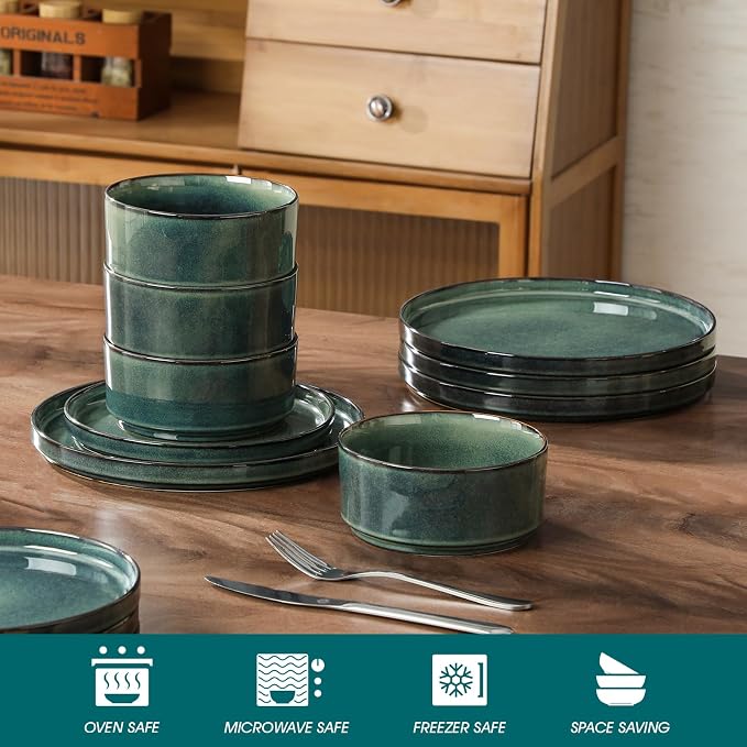 vancasso Starry Plates and Bowls Sets,12 Pieces Green Dinnerware Sets for Kitchen,Modern Stoneware Dishes Set for 4,Dishwasher and Microwave Safe