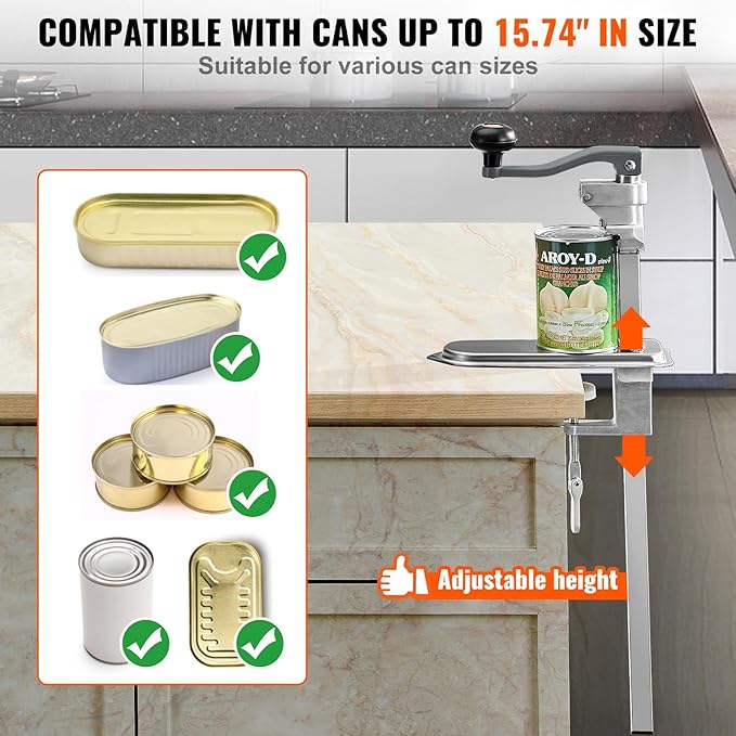 VEVOR Commercial Can Opener, 23.2"/59cm Long, Stainless Steel Manual Table Can Opener for Up to 15.7"/40cm Tall, Fixed with Clamp or Screws, Ergonomic Swing Handle & One Spare Knife, for Restaurants