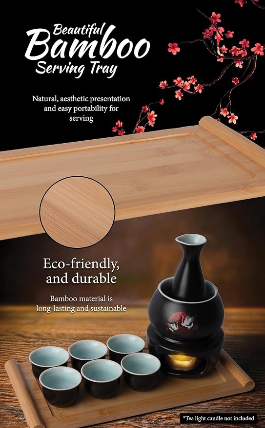 Japanese Sake Cup Set with 6 Ceramic Cups, 1 Ceramic Sake Bottle, 1 Ceramic Sake Warmer, Bamboo Tray, and Cloth Carrying Case | Perfect Hot Sake Set for Authentic Japanese Experience