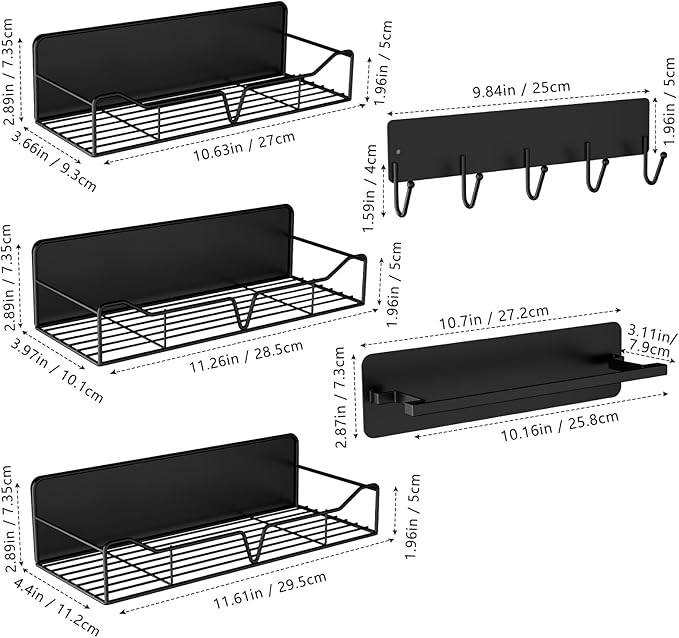 Magnetic Shelves for Washing Machine & Fridge Utentils Rack 5 Pack- Metal Heavy Duty Magnetic Shelf Magnetic Laundry Organizer with Hooks and Towel Holder for Magnetic Laundry Room Storage (Black)