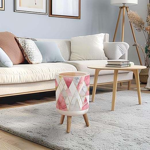 Trash Can with Lid seamless geometric lines rose gold gray pink marble triangles Modern Press Top Round Small Garbage Bin with Wooden Legs Waste Basket for Kitchen Bedroom Nursery 7L/1.8 Gallon