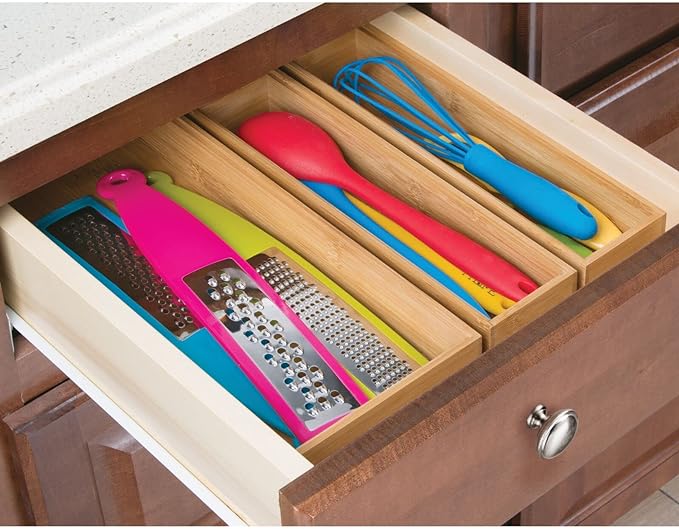 mDesign Wooden Bamboo Drawer Organizer - 15" Long Stackable Storage Box Tray for Kitchen Drawers/Cabinet - Utensil, Silverware, Spatula, and Flatware Holder - Echo Collection - 4 Pack, Natural Wood