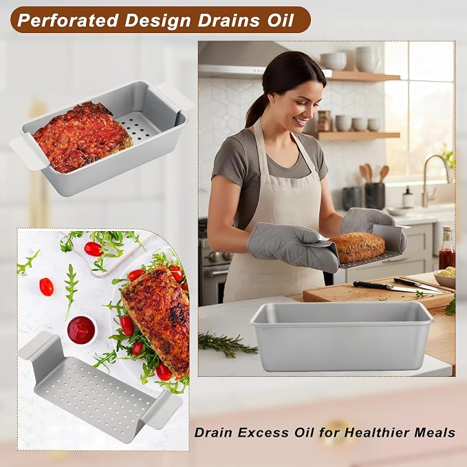 Meatloaf Pan with Drain Tray Set of 2 – Nonstick Loaf Pan with Perforated Insert for Healthier Cooking, Easy-Lift Design, Even Heating, BPA & PFOA Free for Meatloaf, Bread & Casseroles