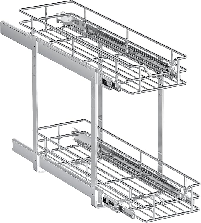 2-Tier Pull Out Cabinet Organizer, 7.5" W x 21.5" D, Heavy Duty Dual Slide Out Shelves for Narrow Base Cabinets, Chrome Wire Basket Drawer for Spices, Bottles & Snacks