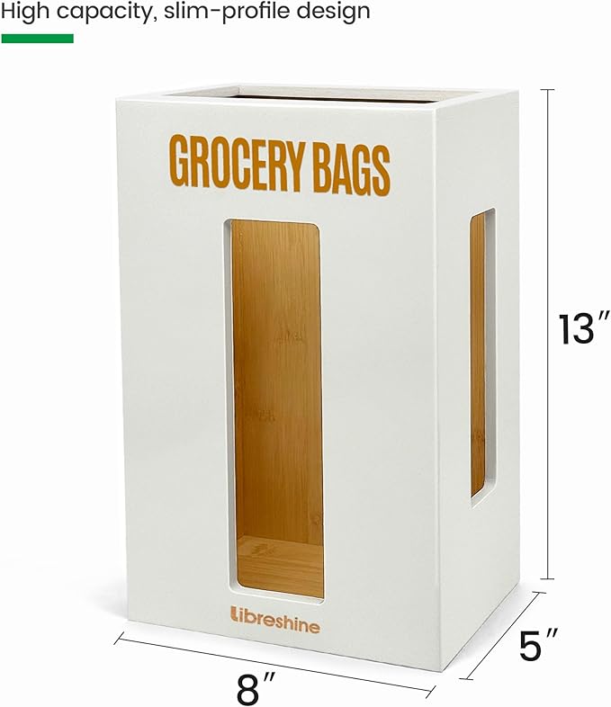 Libreshine Extra Large White Bamboo Grocery Bag Holder for Plastic Bags, Under Sink Cabinet or Wall Mounted Organizer, Space-Saving Bag Dispenser for Kitchen, Pantry, Laundry Room, Garage